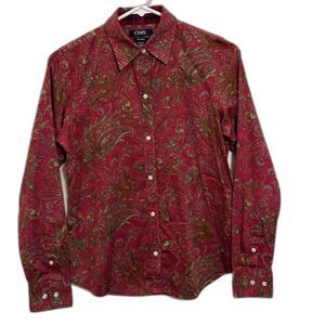 CHAPS Twill Cotton Paisley Long Sleeve Western Boho Button Down, Burgundy- XS
